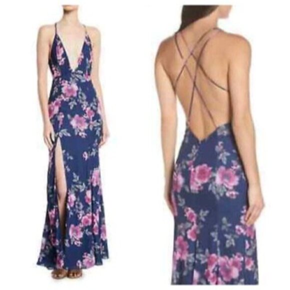 Fame and Partners NWT $279 Blue Pink Floral Gown Maxi Dress Plunging V-Neck 2 - Picture 3 of 14